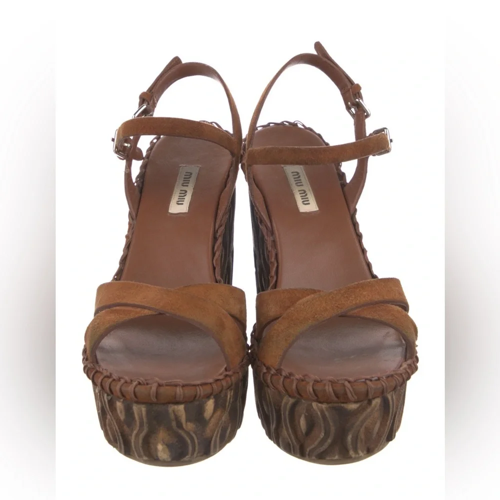 MIU MIU Women's Brown Suede Platform Wedge Sandals